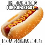 Hot dog  | I HAD A HOT DOG FOR BREAKFAST..... BECAUSE I'M AN ADULT | image tagged in hot dog | made w/ Imgflip meme maker