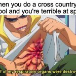 Half of my respiratory organs were destroyed | When you do a cross country at school and you're terrible at sports | image tagged in half of my respiratory organs were destroyed | made w/ Imgflip meme maker