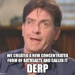 I had a dream, I was freakin flying! | WE CREATED A NEW CONCENTRATED FORM OF BATHSALTS AND CALLED IT; DERP | image tagged in charlie sheen derp | made w/ Imgflip meme maker