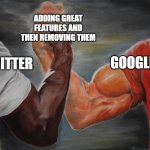 Twitter removed Fleets :( | ADDING GREAT FEATURES AND THEN REMOVING THEM; GOOGLE; TWITTER | image tagged in holding hands,google,twitter | made w/ Imgflip meme maker