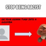 i mean it | STOP BEING RACIST | image tagged in your gonna turn into a goomba | made w/ Imgflip meme maker