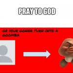 YOUR GONNA TURN INTO A GOOMBA | PRAY TO GOD | image tagged in your gonna turn into a goomba | made w/ Imgflip meme maker
