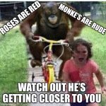 Monke on a bike | ROSES ARE RED; MONKE’S ARE RUDE; WATCH OUT HE’S GETTING CLOSER TO YOU | image tagged in monke_bike | made w/ Imgflip meme maker