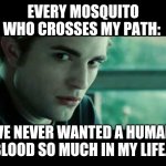 Edward-Cullen-fake-science | EVERY MOSQUITO WHO CROSSES MY PATH:; "I'VE NEVER WANTED A HUMAN'S
BLOOD SO MUCH IN MY LIFE." | image tagged in edward cullen,twilight,mosquitoes | made w/ Imgflip meme maker