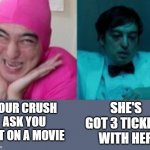 3rd Ticket? | SHE'S GOT 3 TICKETS WITH HER; YOUR CRUSH ASK YOU OUT ON A MOVIE | image tagged in filthy frank in public vs in private | made w/ Imgflip meme maker