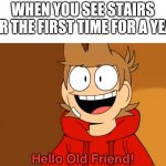 Hello old friend | WHEN YOU SEE STAIRS FOR THE FIRST TIME FOR A YEAR | image tagged in hello old friend | made w/ Imgflip meme maker
