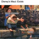 Maui’s parents | Disney’s Maui: Exists; Maui parents; Maui | image tagged in luca push in water,disney,maui | made w/ Imgflip meme maker