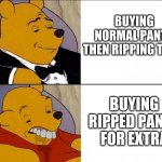 whinnie the pooh | BUYING NORMAL PANTS THEN RIPPING THEM; BUYING RIPPED PANTS FOR EXTRA | image tagged in whinnie the pooh | made w/ Imgflip meme maker
