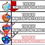 God Apple | YOU BEAT MINECRAFT IN 100 HOURS; YOU BEAT MINECRAFT IN 24 HOURS; YOU BEAT MINECRAFT IN 1 MINUTE; YOU BEAT MINECRAFT IN 1 SECOND | image tagged in minecraft apples | made w/ Imgflip meme maker
