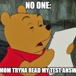 Winnie the Pooh squinting | NO ONE:; MY MOM TRYNA READ MY TEST ANSWERS | image tagged in winnie the pooh squinting | made w/ Imgflip meme maker