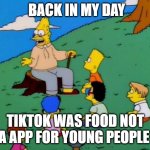 Back in my day | BACK IN MY DAY TIKTOK WAS FOOD NOT A APP FOR YOUNG PEOPLE | image tagged in back in my day | made w/ Imgflip meme maker