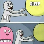 Send help | SLEEP; ME; ADULTING | image tagged in out of reach,adulting,sleep | made w/ Imgflip meme maker