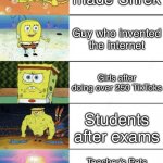 spongebob strong | They say, “mistakes make you stronger.”; Guy who made Shrek; Guy who invented the internet; Girls after doing over 250 TikToks; Students after exams; Teacher’s Pets after reminding the teacher for homework; Guy who invented TikTok | image tagged in spongebob strong | made w/ Imgflip meme maker