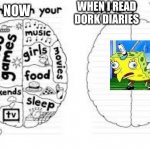 whats in your brain? | WHEN I READ DORK DIARIES; NOW | image tagged in whats in your brain | made w/ Imgflip meme maker
