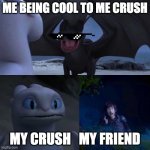 night fury | ME BEING COOL TO ME CRUSH; MY CRUSH   MY FRIEND | image tagged in night fury | made w/ Imgflip meme maker