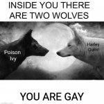 Harlivy | YOU ARE GAY | image tagged in 2 wolves,harley quinn,poison ivy | made w/ Imgflip meme maker