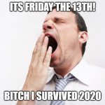 yawn | ITS FRIDAY THE 13TH! BITCH I SURVIVED 2020 | image tagged in yawn | made w/ Imgflip meme maker