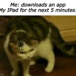 Buffering cat | Me: downloads an app
My IPad for the next 5 minutes: | image tagged in buffering cat | made w/ Imgflip meme maker