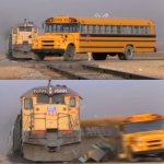 Schoolbus hit by train meme