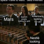Church gun | Mars Spanish people looking for gold Americans looking for oil Nestlé looking for water Space Travel to Mars: *Gets invented* | image tagged in church gun | made w/ Imgflip meme maker