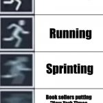 This is a certified New York Times bestseller | Book sellers putting "New York Times Bestseller" on a random book | image tagged in walk jog run sprint meme | made w/ Imgflip meme maker