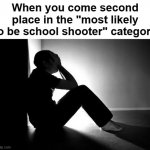 Those are rookie numbers... | When you come second place in the "most likely to be school shooter" category | image tagged in depression | made w/ Imgflip meme maker