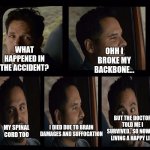 Ant Man Luis Van | OHH I BROKE MY BACKBONE... WHAT HAPPENED IN THE ACCIDENT? BUT THE DOCTOR TOLD ME I SURVIVED.. SO NOW AM LIVING A HAPPY LIFE; MY SPINAL CORD TOO; I DIED DUE TO BRAIN DAMAGES AND SUFFOCATION | image tagged in ant man luis van | made w/ Imgflip meme maker