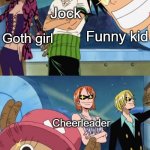 One Piece Why Are You Looking At Me?! | Smart kid; do which part of the project; Jock; Funny kid; Goth girl; Cheerleader; Rich kid; Immature kid | image tagged in one piece why are you looking at me | made w/ Imgflip meme maker