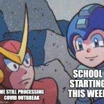 alan, please add title | SCHOOL STARTING THIS WEEK; ME STILL PROCESSING COVID OUTBREAK | image tagged in quick man stares at mega man,covid-19,school,memes | made w/ Imgflip meme maker