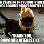 Compound Interest Kitty | ME CHECKING ON THE HIGH INTEREST SAVINGS ACCOUNT I HAD FORGOTTEN ABOUT; LIMITLESS.APP/SG; THANK YOU,
COMPOUND INTEREST KITTY! | image tagged in kitten hug,personal finance,limitless,compound interest | made w/ Imgflip meme maker