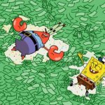 Spongebob and Mr.Krebs bathing in money