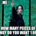 hunger games | ME :; HOW MANY PEICES OF CANDY DO YOU WANT 1 OR 2 | image tagged in hunger games 2 | made w/ Imgflip meme maker