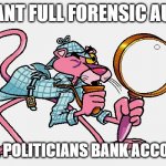 Truth | I WANT FULL FORENSIC AUDIT; OF ALL POLITICIANS BANK ACCOUNTS | image tagged in pink panther,truth,political meme,justice | made w/ Imgflip meme maker