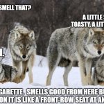 wolves | YOU GUYS SMELL THAT? A LITTLE SWEET, TOASTY, A LITTLE NUTTY? YEAH. IT'S A CIGARETTE.  SMELLS GOOD FROM HERE BUT BEING RIGHT UP ON IT IS LIKE A FRONT-ROW SEAT AT AN ASS FIRE. | image tagged in wolves | made w/ Imgflip meme maker