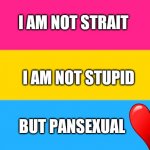 I am Pan! | I AM NOT STRAIT; I AM NOT STUPID; BUT PANSEXUAL | image tagged in pansexual flag,i fear no man,love is love | made w/ Imgflip meme maker