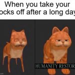 it just feels so good to take socks off after a day | When you take your socks off after a long day: | image tagged in humanity restored | made w/ Imgflip meme maker