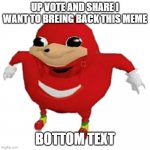 do u know teh up vote button | UP VOTE AND SHARE I WANT TO BREING BACK THIS MEME; BOTTOM TEXT | image tagged in ugandan knuckles | made w/ Imgflip meme maker