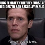 You can't do this to me | "YOUNG FEMALE ENTREPRENEURS" AFTER ONLYFANS DECIDES TO BAN SEXUALLY EXPLICIT CONTENT | image tagged in you can't do this to me | made w/ Imgflip meme maker