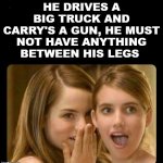 Whispering girls | HE DRIVES A BIG TRUCK AND CARRY'S A GUN, HE MUST NOT HAVE ANYTHING BETWEEN HIS LEGS | image tagged in whispering girls | made w/ Imgflip meme maker