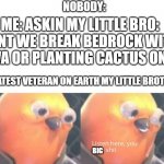 Listen here, you little shit | NOBODY:; ME: ASKIN MY LITTLE BRO:
CANT WE BREAK BEDROCK WITH LAVA OR PLANTING CACTUS ON IT; GREATEST VETERAN ON EARTH MY LITTLE BROTHER:; BIG | image tagged in listen here you little shit,funny memes,memes,brother,brothers | made w/ Imgflip meme maker