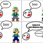 My new template! Feel free to use this | Anybody named Kevin; Jenny is in your albatross class | image tagged in boo scares luigi,ghost boo,ghost,boo,luigi,template | made w/ Imgflip meme maker