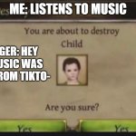 people dont steal music. tiktok steal music | ME: LISTENS TO MUSIC; STRANGER: HEY THAT MUSIC WAS STOLEN FROM TIKTO- | image tagged in you're about to destroy child | made w/ Imgflip meme maker