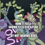 Futurama Bender | HOW IT FEELS SAVING $233,610 A YEAR; BY NOT HAVING KIDS | image tagged in futurama bender | made w/ Imgflip meme maker
