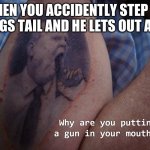 It's not a good feeling | WHEN YOU ACCIDENTLY STEP ON YOUR DOGS TAIL AND HE LETS OUT A WINPER | image tagged in hitchcock gun in mouth | made w/ Imgflip meme maker
