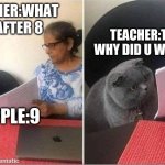 Cat | TEACHER:WHAT IS AFTER 8; TEACHER:THEN WHY DID U WRITE 10; APPLE:9 | image tagged in cat worksheet | made w/ Imgflip meme maker