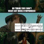 Mahlerians problems | NO THANK YOU I DON'T WANT ANY MORE SYMPHONIES! Gustav Mahldalf! | image tagged in gandalf bilbo,music,classical music,lotr,the lord of the rings | made w/ Imgflip meme maker