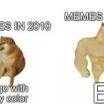 E meme | MEMES NOW; MEMES IN 2010; E; a dogo with flashy color | image tagged in memes,pie charts,gifs,funny | made w/ Imgflip meme maker