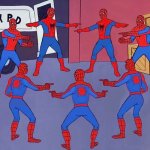 8 spidermen pointing meme