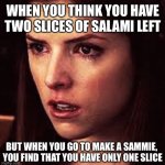First World Problems - Anna | WHEN YOU THINK YOU HAVE 
TWO SLICES OF SALAMI LEFT; BUT WHEN YOU GO TO MAKE A SAMMIE, 

YOU FIND THAT YOU HAVE ONLY ONE SLICE | image tagged in first world problems - anna | made w/ Imgflip meme maker