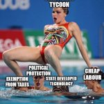 How capitalism works | BILLIONAIRE TYCOON CHEAP LABOUR STATE DEVELOPED TECHNOLOGY POLITICAL PROTECTION EXEMPTION FROM TAXES | image tagged in synchronized swimmers,capitalism | made w/ Imgflip meme maker